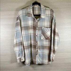Bêcool Flannel Plaid Button Down Shirt in Dusty Blue Soft Brown Cream